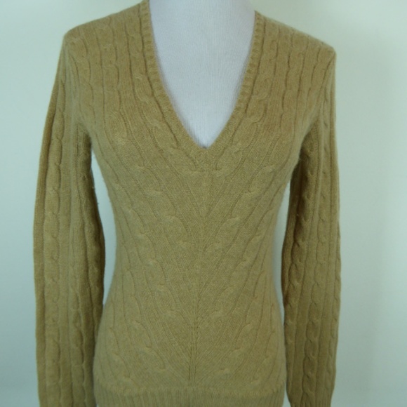 Ralph Lauren Black label 100% Cashmere camel brown cable v neck sweater M - Picture 2 of 5